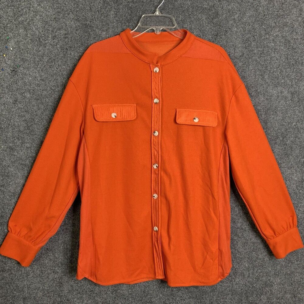 Unbranded Long Sleeve Shacket Women L Orange Waffle Weave Band Collar